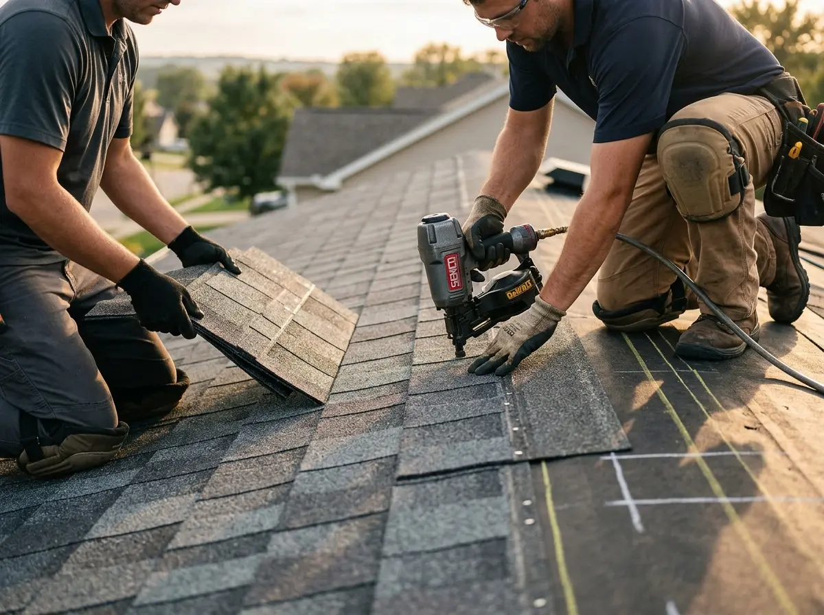 Professional roofer working on a residential roof in West Manchester